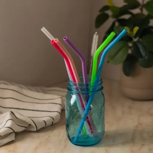 [NAD 0050] 6 pcs Bent Silicone Straws with Brush for Kids 10mm 